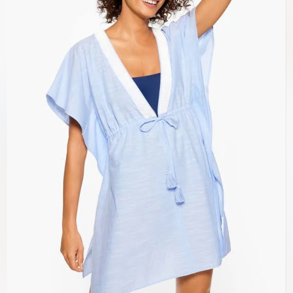 Talbots Women's Misses Aqua Club Embellished Cotton Caftan Cover-Up Medium/Large